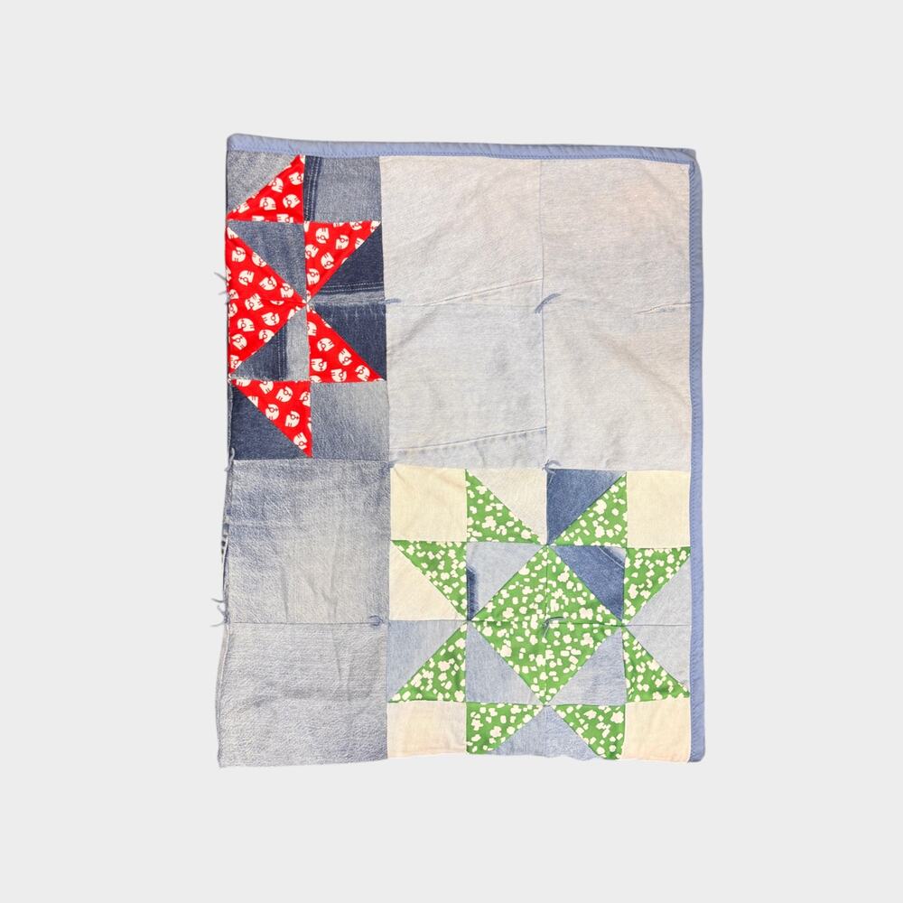 Vtg Handmade Quilt y2k Denim and Cotton 54”x70” Multicolor 8 Pointed Star
